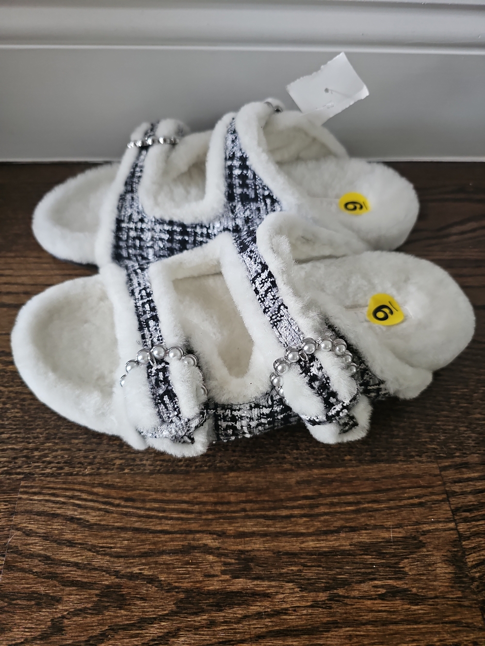 Stuart Weitzman Piper Chill Slides Womens Sandals Plaid Tweed Pearl sz 9, New